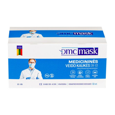 Medicininė veido kaukė DMC, DM-101, mėlyna spalva, 50 vnt.-Apsaugos priemonės-Darbo saugos