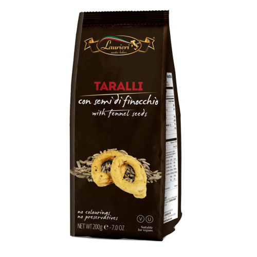 Itališkas pikantiškas užkandis LAURIERI TARALLI su pankolio sėklomis, 200 g-Sūrūs