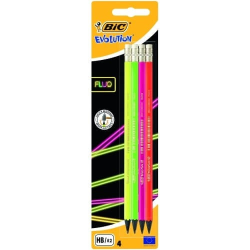 Bic Pieštukai su trintuku Evolution Fluo HB, 4 vnt. rinkinys, įvairių korpuso spalvų