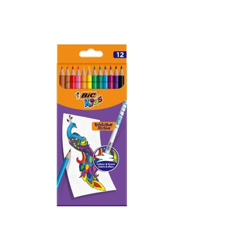 BIC Spalvoti pieštukai su trintuku Kids Evolution Illusion 12 spalvų rinkinys-Spalvoti