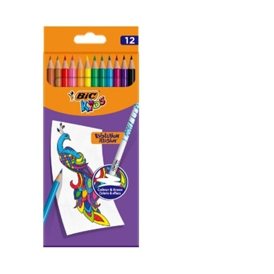 BIC Spalvoti pieštukai su trintuku Kids Evolution Illusion 12 spalvų rinkinys-Spalvoti