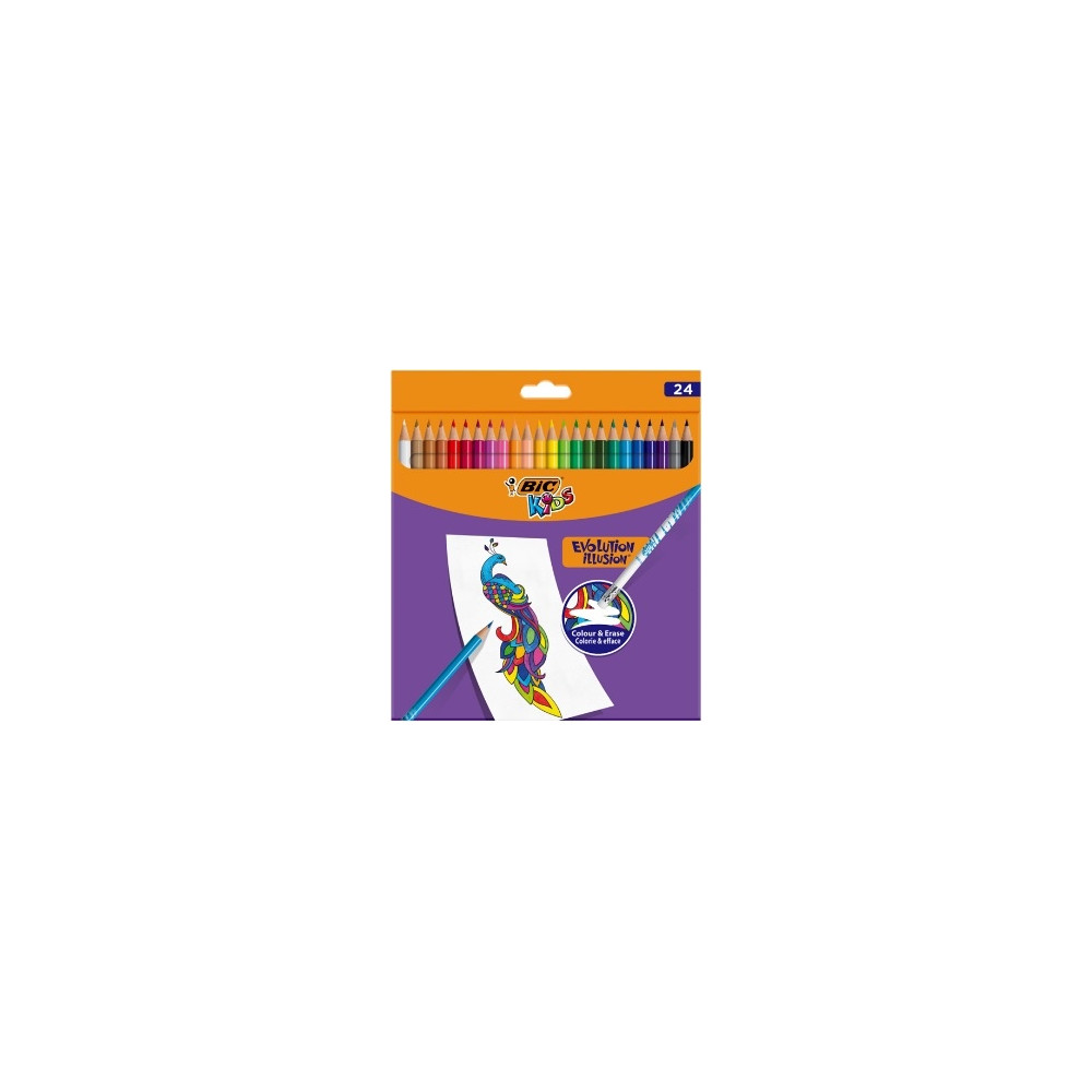 BIC Spalvoti pieštukai su trintuku Kids Evolution Illusion 24 spalvų rinkinys-Spalvoti