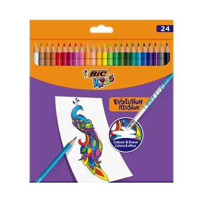 BIC Spalvoti pieštukai su trintuku Kids Evolution Illusion 24 spalvų rinkinys-Spalvoti