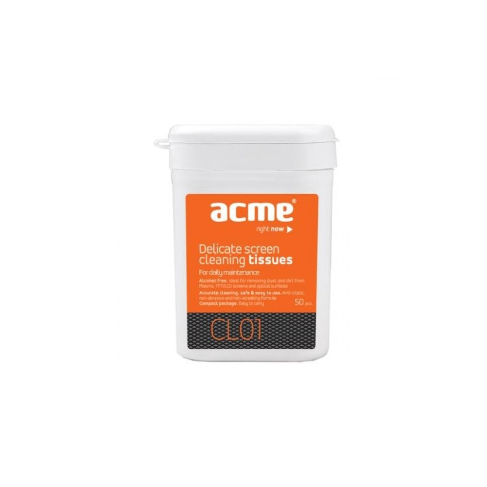 Ekranų valymo servetėlės ACME CL01 Delicate screen cleaning tissues, 50 pcs, wet-Valymo