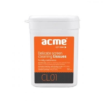 Ekranų valymo servetėlės ACME CL01 Delicate screen cleaning tissues, 50 pcs, wet-Valymo