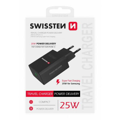Sieninis kroviklis Swissten Premium 25W Travel Charger USB-C PD 3.0 Black-Laidai, kabeliai