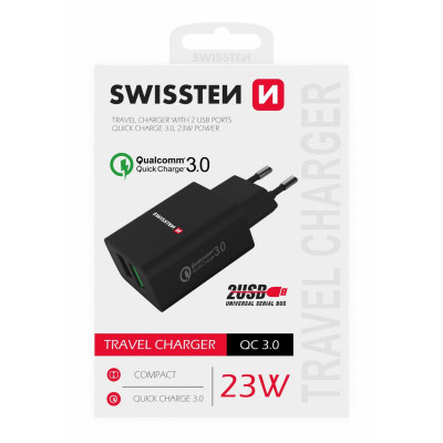 Sieninis kroviklis Swissten Premium Travel Charger 2x USB / QC3.0 23W Black-Laidai, kabeliai
