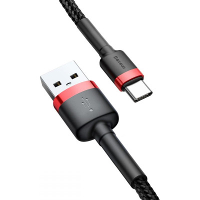 Kabelis USB2.0 A kištukas - USB C kištukas, 1.0m QC3.0 su nailoniniu šarvu raudonas/juodas