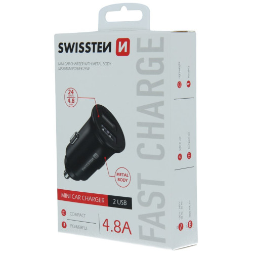 Swissten Metal Premium Car charger 2 x USB / 4.8A Black-Mobiliųjų telefonų priedai-Telefonai