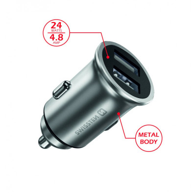 Swissten Metal Premium Car charger 2 x USB / 4.8A Silver-Mobiliųjų telefonų priedai-Telefonai