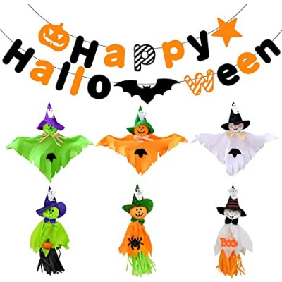 Ecost Qpout Helovino vakarėlio kabantys papuošalai, 6 kabantys vaiduoklio ornamentas ir Happy