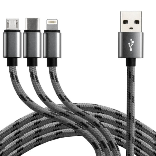 Kabelis SEEK TOTI USB A to microUSB/Type-C/Lightning, 1.5 m Braided Cable 2A (non-MFI)
