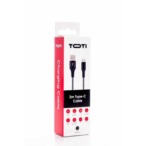 Kabelis SEEK TOTI USB A to Type-C, 2m Braided Cable 2A, Black/Space grey-Telefonų laidai ir