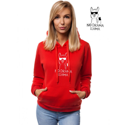 Raudonas moteriškas džemperis su gobtuvu No drama Llama-Vyriški džemperiai su spauda-Užrašai