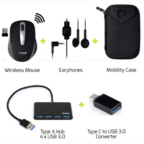 Nešiojamojo kompiuterio priedų rinkinys PORT Mobility Pack-Laidai ir adapteriai-Baterijos