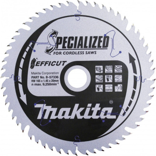 Pjovimo diskas medienai MAKITA Efficut 165x1,45x20mm T56 23°-Medžio pjovimo diskai-Pjovimo