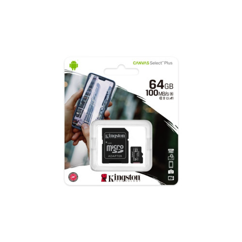 Atminties kortelė Kingston 64 GB MicroSDXC Canvas Select Plus, A1, Class 10, UHS-I, +