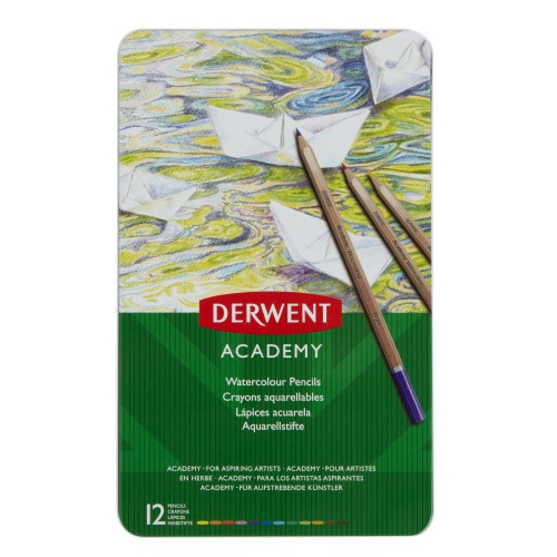 Akvarelinių pieštukų rinkinys Derwent Academy, 12 spalvų, metalinėje dėžutėje-Spalvoti