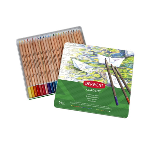 Akvarelinių pieštukų rinkinys Derwent Academy, 24 spalvų, metalinėje dėžutėje-Spalvoti