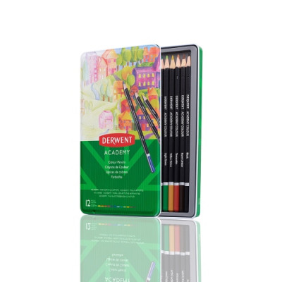 Spalvotų pieštukų rinkinys Derwent Academy, 12 spalvų, metalinėje dėžutėje-Spalvoti