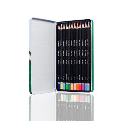 Spalvotų pieštukų rinkinys Derwent Academy, 12 pastelinių spalvų, metalinėje dėžutėje-Spalvoti