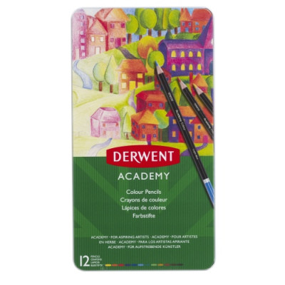 Spalvotų pieštukų rinkinys Derwent Academy, 12 spalvų, metalinėje dėžutėje-Spalvoti