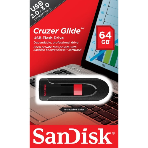 USB atmintinė SanDisk Cruzer Glide USB Flash Drive 64GB, Black, Red-USB raktai-Išorinės