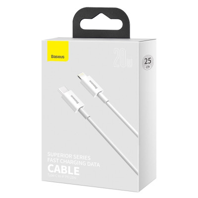 Baseus Superior Series Cable USB-C to Lightning, 20W, PD, 0,25m (white)-Laidai ir