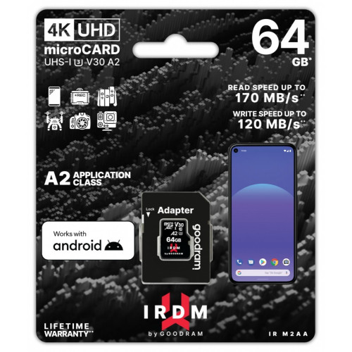 GOODRAM IRDM microSDXC 64GB V30 UHS-I U3 + adapter-MicroSD kortelės-Skaitmeninės laikmenos