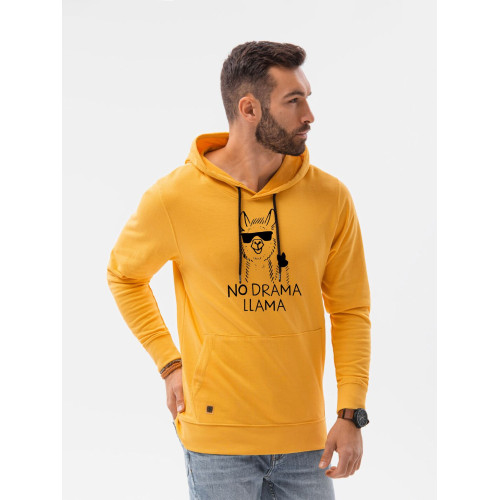 Geltonos spalvos džemperis su gobtuvu No drama Llama-Vyriški džemperiai su spauda-Užrašai