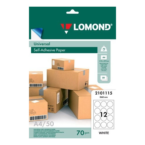 Lipnus popierius lipdukams Lomond Self-Adhesive Universal Labels, 12x d 60mm, A4, 50 lapų
