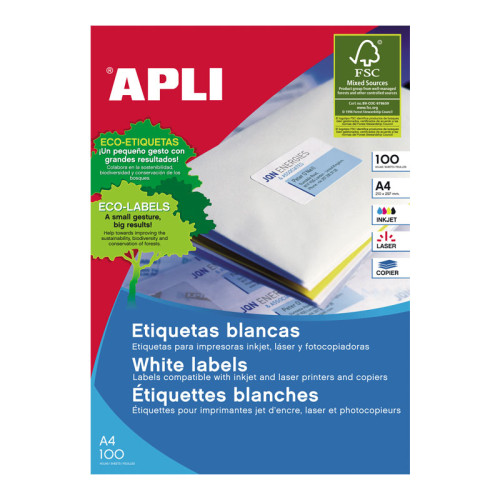 Lipnios etiketės APLI, 210 x 297 mm, A4, 1 lipdukai lape, 25 lapai, balta-Lipnios etiketės ir