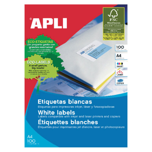 Lipnios etiketės APLI, 105 x 70 mm, A4, 8 lipdukai lape, 100 lapų, balta-Lipnios etiketės ir