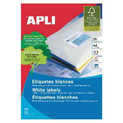 Lipnios etiketės APLI, 70 x 37 mm, A4, 24 lipdukai lape, 25 lapai, balta-Lipnios etiketės ir