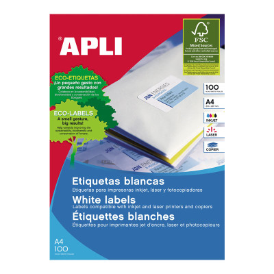 Lipnios etiketės APLI, 70 x 37 mm, A4, 24 lipdukai lape, 25 lapai, balta-Lipnios etiketės ir