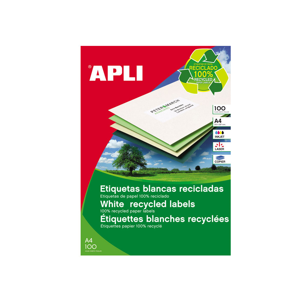 Lipnios etiketės APLI, 70 x 37 mm, A4, perdirbti, 24 lipdukai lape, 100 lapų, balta-Lipnios