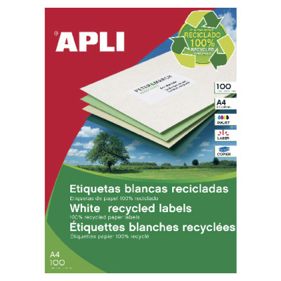 Lipnios etiketės APLI, 105 x 148 mm, A4, perdirbti, 4 lipdukai lape, 100 lapų, balta-Lipnios
