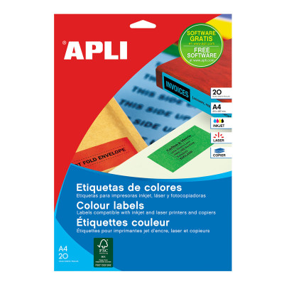 Lipnios etiketės APLI, 210 x 297 mm, A4, 1 lipdukai lape, 20 lapų-Lipnios etiketės ir