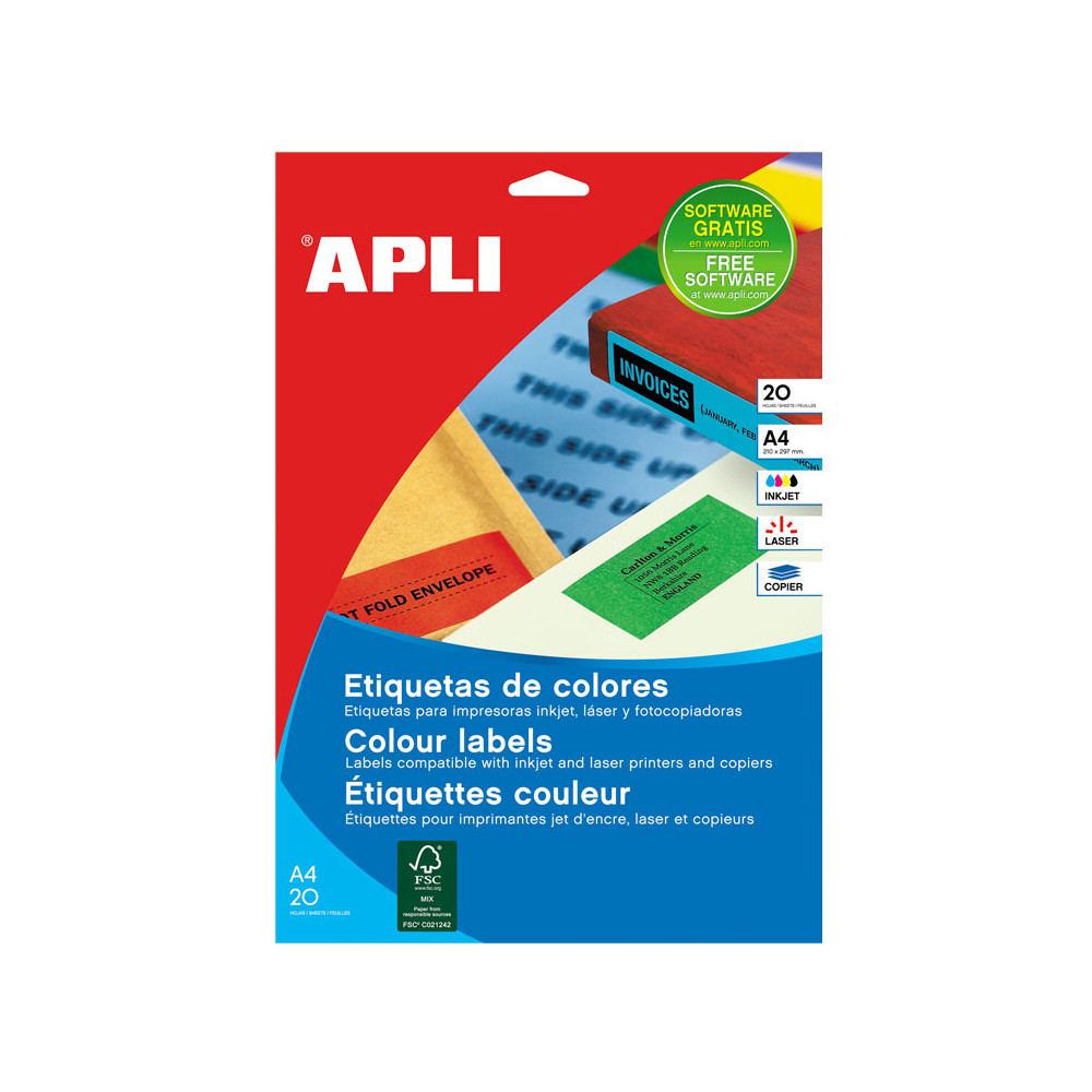 Lipnios etiketės APLI, 210 x 297 mm, A4, 1 lipdukai lape, 20 lapų, raudona-Lipnios etiketės ir