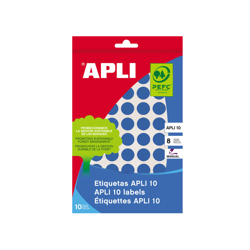 Lipnios etiketės APLI, apvalūs, diam., 10 mm, 8 l., mėlyna-Lipnios etiketės ir