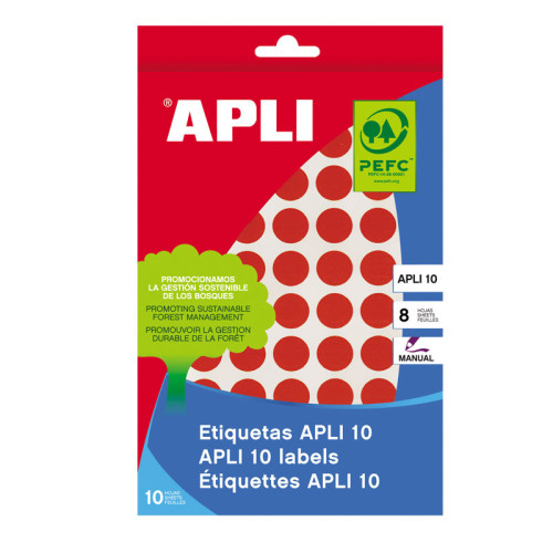Lipnios etiketės APLI, apvalūs, diam., 10 mm, 8 l., raudona-Lipnios etiketės ir