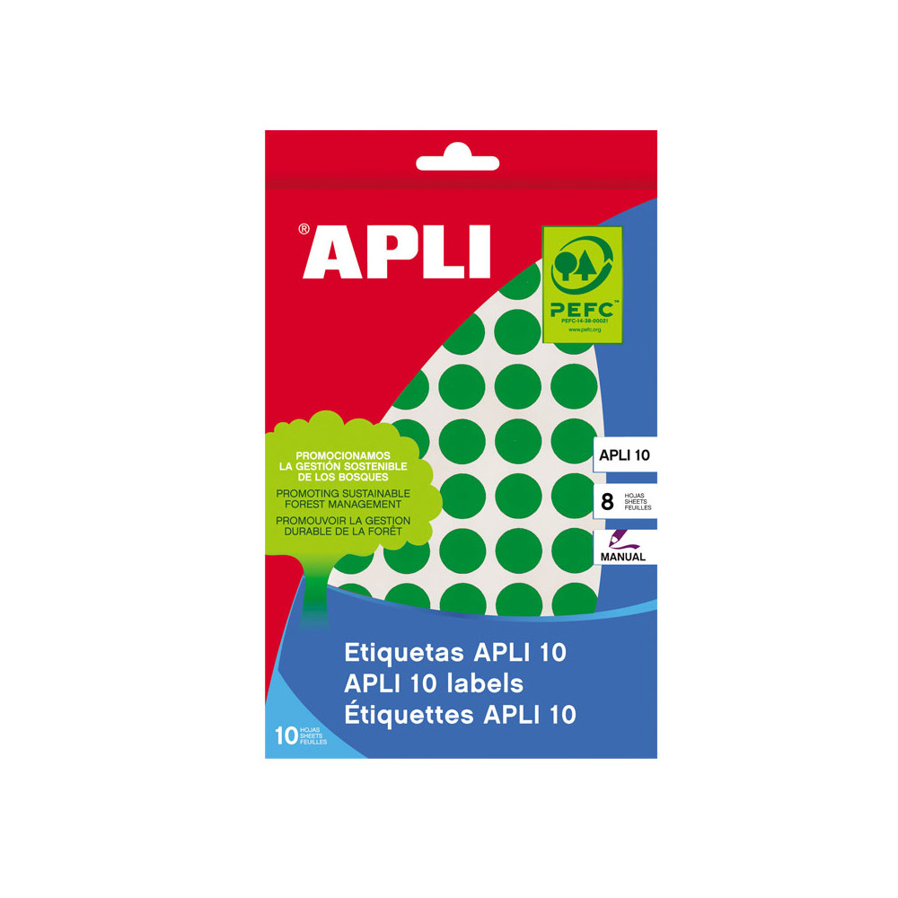 Lipnios etiketės APLI, apvalūs, diam., 10 mm, 8 l., žalia-Lipnios etiketės ir