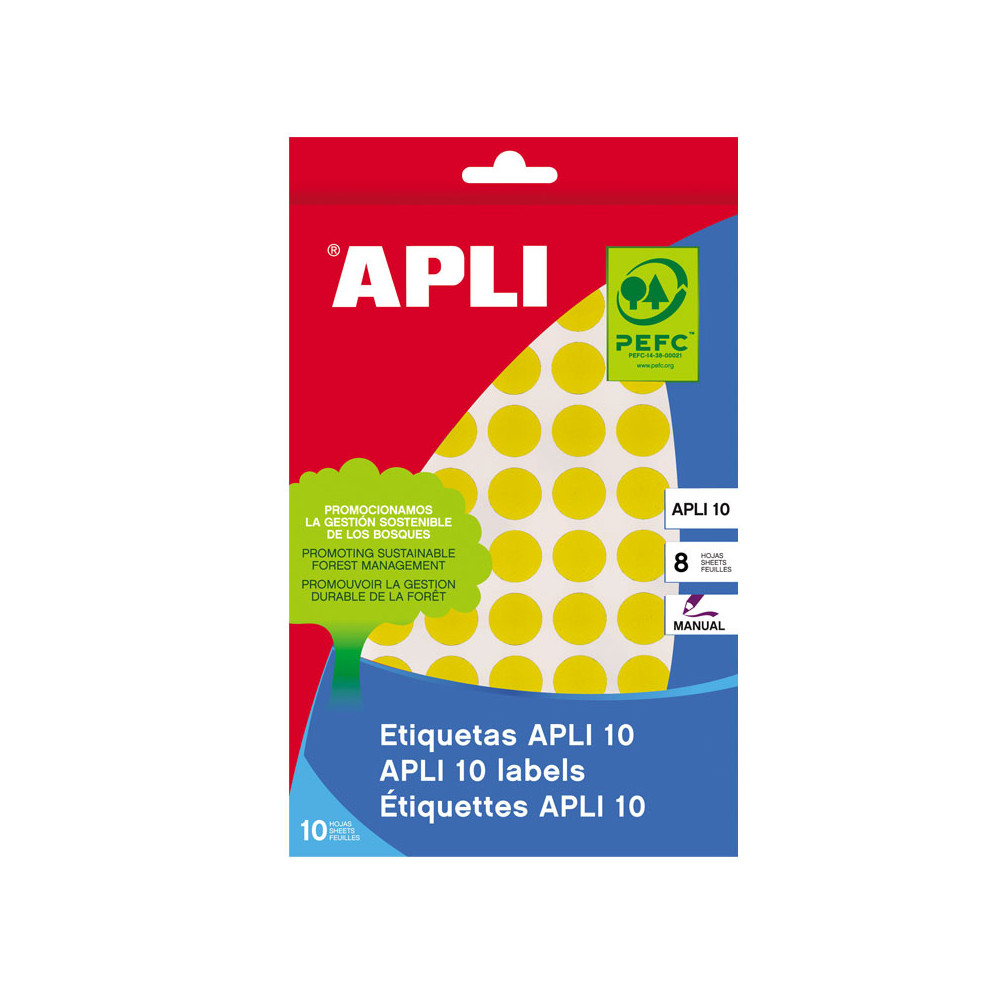 Lipnios etiketės APLI, apvalūs, diam., 13 mm, 8 l., geltona-Lipnios etiketės ir