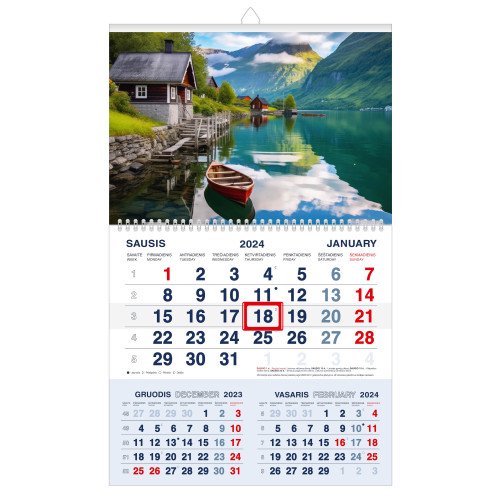 Pakabinamas kalendorius KALNŲ EŽERAS 2024, trys viename-Sieniniai kalendoriai-Kalendoriai ir