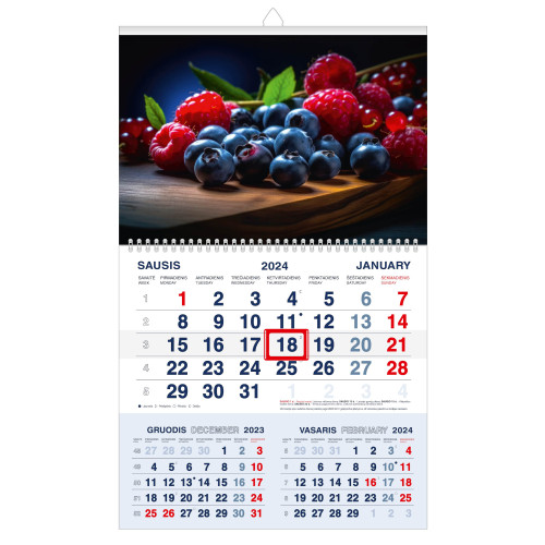 Pakabinamas kalendorius UOGOS 2024, trys viename-Sieniniai kalendoriai-Kalendoriai ir darbo