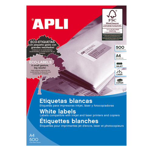 Lipnios etiketės APLI, 105 x 74 mm, A4, 8 lipdukai lape, 500 lapų, balta sp-Lipnios etiketės