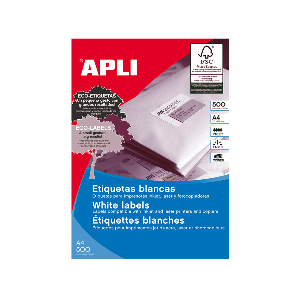 Lipnios etiketės APLI, 105 x 74 mm, A4, 8 lipdukai lape, 500 lapų, balta sp-Lipnios etiketės