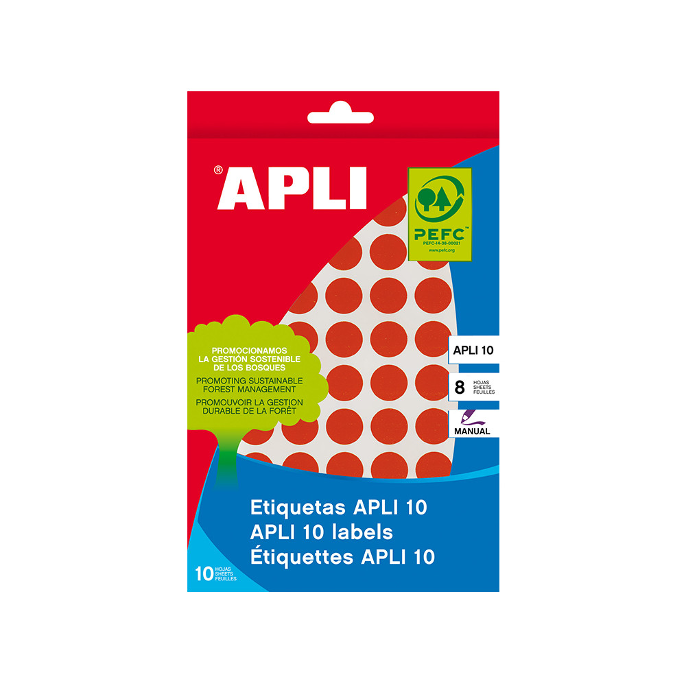 Lipnios etiketės APLI, diametras 19mm, 8 lapai/320lipdukų, raudonos spalvos-Lipnios etiketės