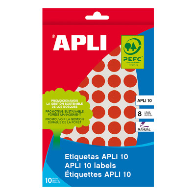 Lipnios etiketės APLI, diametras 19mm, 8 lapai/320lipdukų, raudonos spalvos-Lipnios etiketės