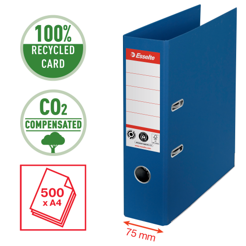 Segtuvas ESSELTE No1 CO2 Neutral, A4, kartoninis, 75 mm, mėlyna-Segtuvai-Dokumentų laikymo